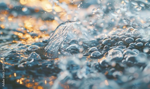 Water surface with splashes, small waves, ripples and rain drops closeup