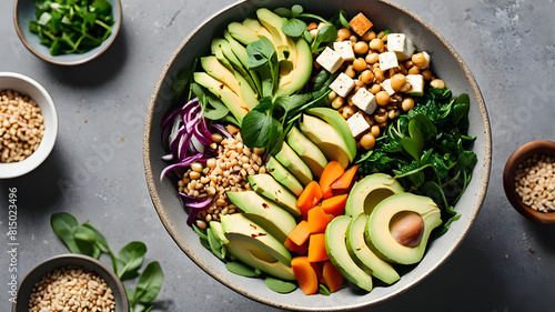 Vegetarian Vegan salad bowl or buddha bowl with grains, tofu, avocado, vegetables and greens. Balanced meal on grey concrete background. Top view