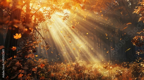 Bright Sun In Autumn Forest ,light rays fall landscape tree,Fantasy Background Magic Forestbeautiful Autumn Landscape hyper realistic 