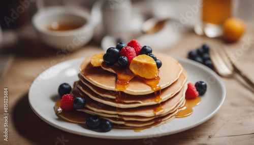 Delicious pancake with honey and fruits at kitchen. copy space for text 