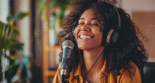 Radiant young woman enjoys singing into a microphone, wearing headphones in a cozy home studio, her face expressing pure joy and passion for music photo