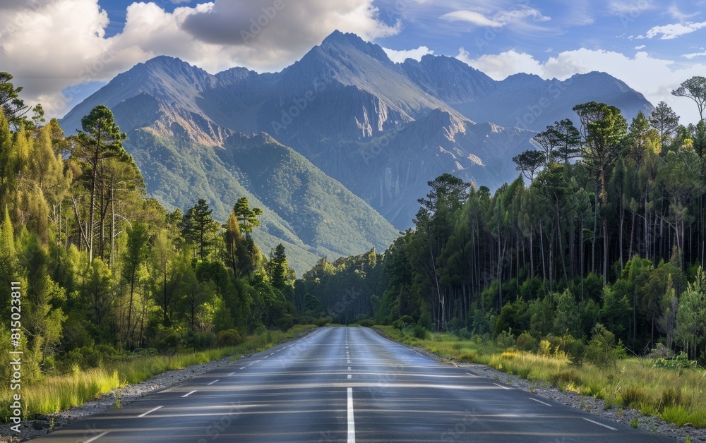 Road stretching towards towering mountains framed by lush forests.