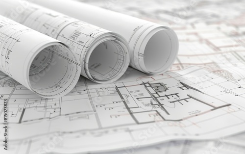 Rolled architectural blueprints on detailed construction plans.