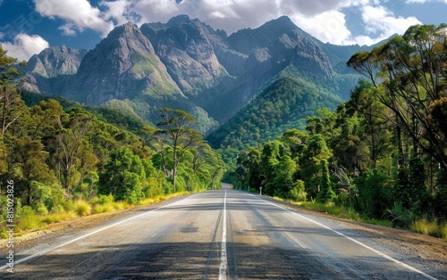 Road stretching towards towering mountains framed by lush forests.
