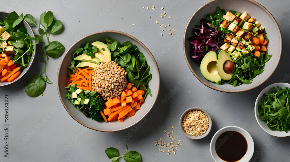 Vegetarian Vegan salad bowl or buddha bowl with grains, tofu, avocado, vegetables and greens. Balanced meal on grey concrete background. Top view Vegetarian Vegan salad bowl or buddha bowl with grains, tofu, avocado, vegetables and greens. Balanced meal on grey concrete background. Top view