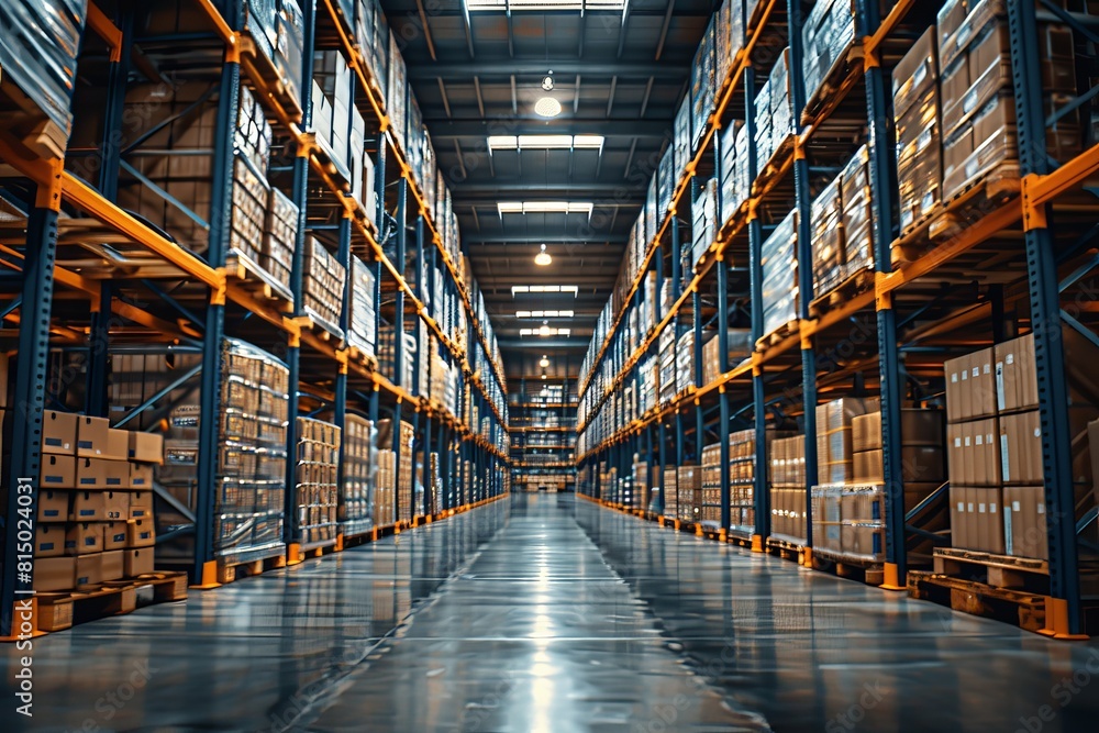 A large warehouse with many shelves and boxes A large warehouse with many shelves and boxes