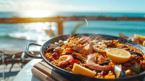 Beachside Seafood Paella with Lemon on a Sunny Day