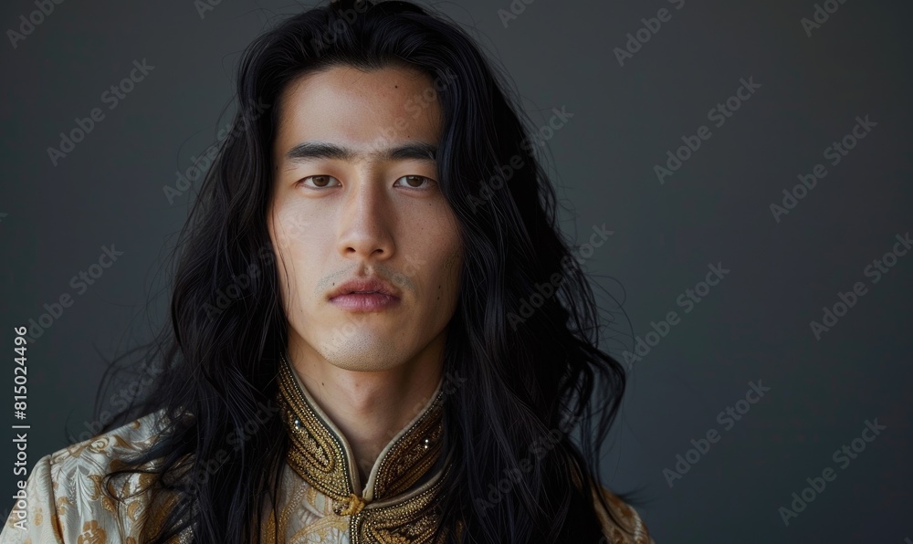 Portrait of young Asian man with dark long hair in traditional clothes looking at camera Portrait of young Asian man with dark long hair in traditional clothes looking at camera