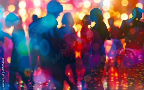 Silhouettes dancing in a vibrant, colorful nightclub atmosphere.