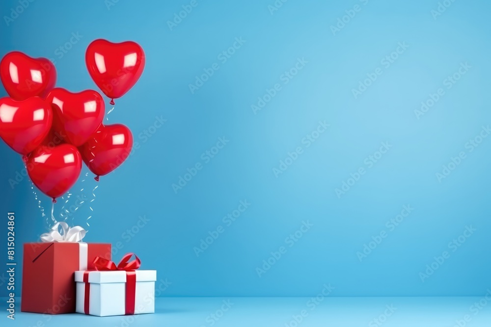 Red heart balloons floating over gift boxes against a blue backdrop. Red heart balloons floating over gift boxes against a blue backdrop.