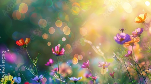 Colorful flower meadow with sunbeams and bokeh lights in summer - nature background banner with copy space - summer greeting card wildflowers spring concept hyper realistic 