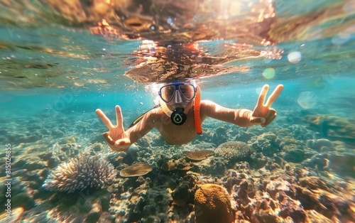 Snorkeler flashing peace signs underwater in a sunlit coral reef.