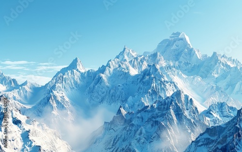 Snow-capped jagged peaks under a clear blue sky.