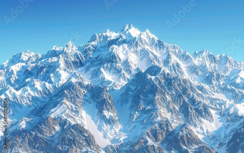 Snow-capped jagged peaks under a clear blue sky.