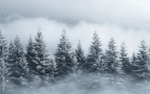 Snow-covered pine trees enveloped in misty white fog.