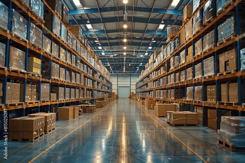 A large warehouse with many boxes stacked on shelves
