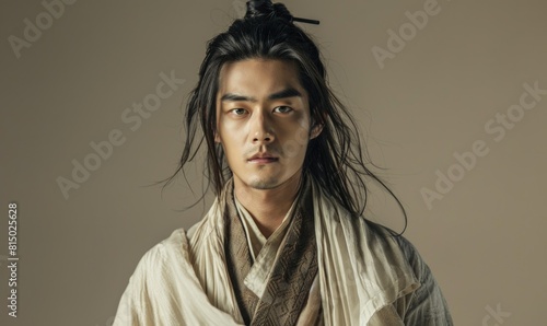 Portrait of young Asian man with dark long hair in traditional clothes looking at camera