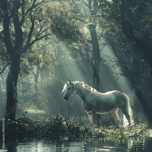 A white unicorn standing by a stream in a misty forest, evoking a magical atmosphere. © MinMin