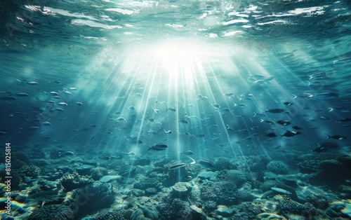 Sunlight pierces ocean water  illuminating a school of fish.