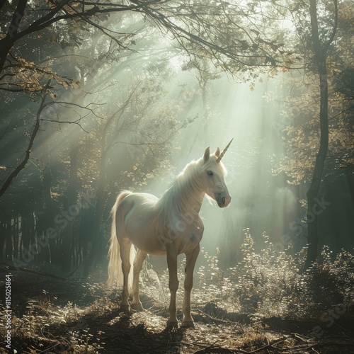 A white unicorn standing in a forest with sunlight rays shining through the trees.