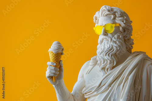 Playful depiction of a Zeus statue donning yellow sunglasses and holding a vanilla ice cream cone against a vivid orange backdrop photo