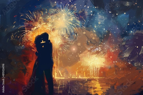 A passionate couple embraces under a dazzling fireworks display, embodying love and joy.