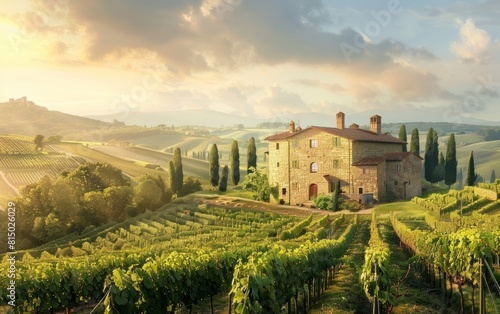 Sunlit Tuscan landscape with rolling hills  vineyards  and rustic stone buildings.