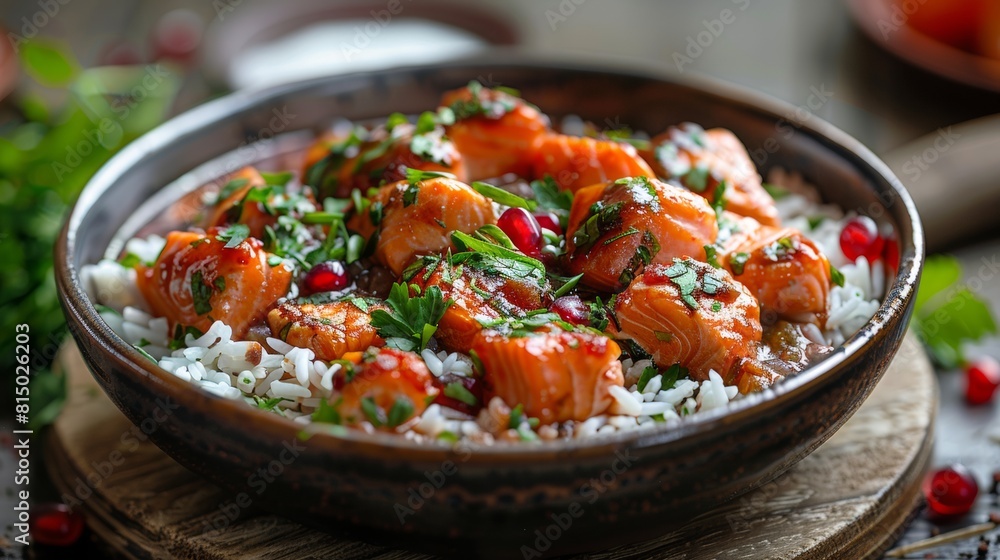 Salmon marinated in cranberry sauce with sour cream. Salmon marinated in cranberry sauce with sour cream.