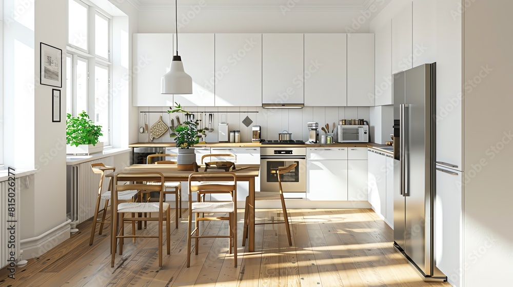 A bright Scandinavian kitchen with sleek white cabinetry, a wooden dining set, and modern stainless steel appliances A bright Scandinavian kitchen with sleek white cabinetry, a wooden dining set, and modern stainless steel appliances