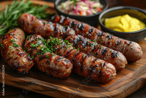 Grilled sausages with vegetables on wooden table. Created with Ai