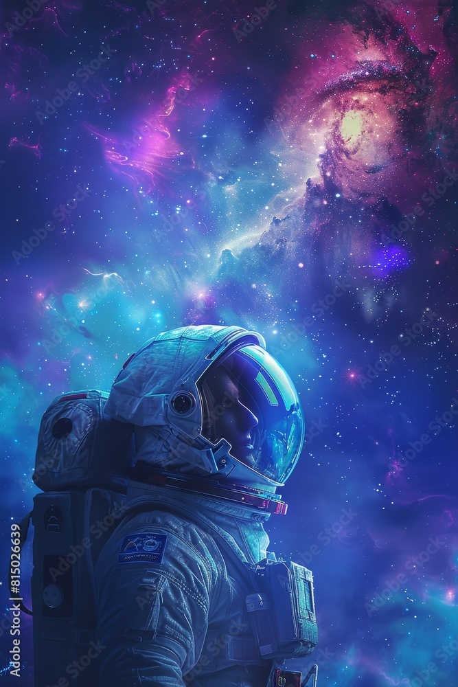 Astronaut in space suit with colorful nebula and stars in the background. Astronaut in space suit with colorful nebula and stars in the background.