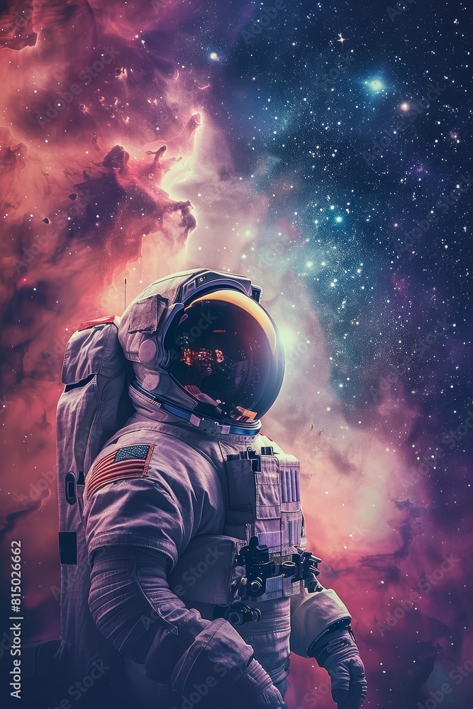 Astronaut in space suit looking at a colorful nebula and stars. Astronaut in space suit looking at a colorful nebula and stars.