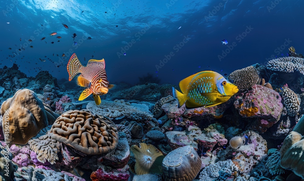 Obraz premium Cockerel fish and surgeonfish in the water closeup view