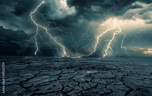 Thunderstorm over a barren landscape with vivid lightning strikes.