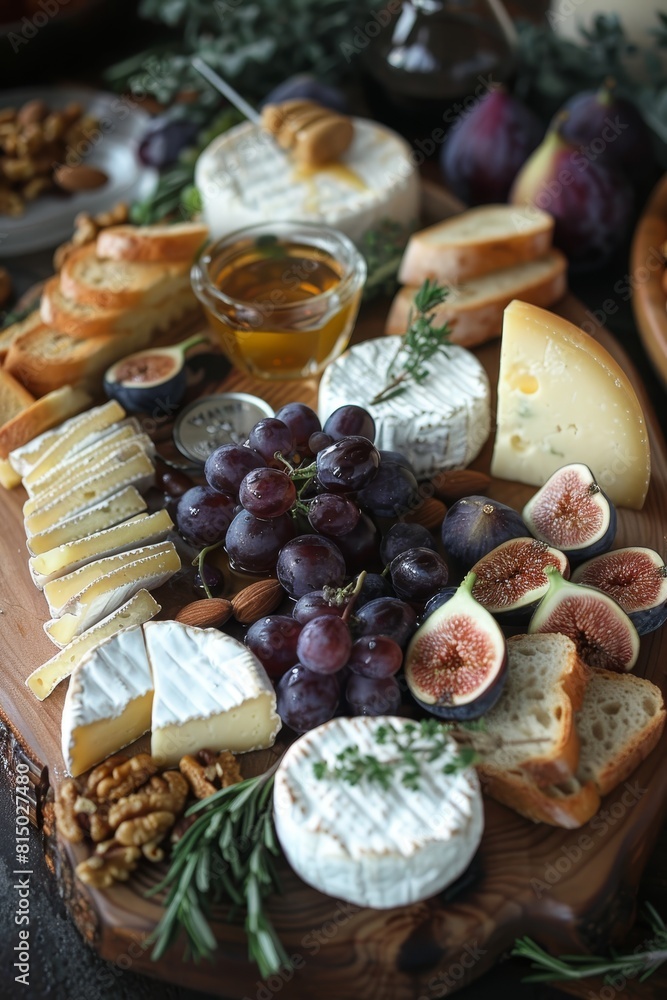 A delicious cheese board with brie, grapes, figs, honey, and bread