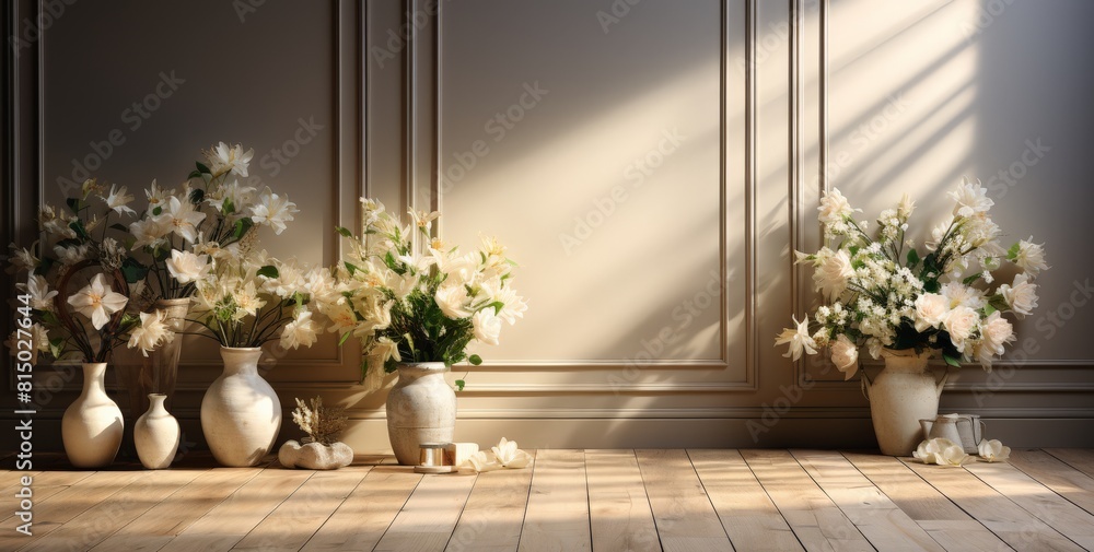 Elegant White Ceramic Vases with Flowers on Wooden Floor Elegant White Ceramic Vases with Flowers on Wooden Floor