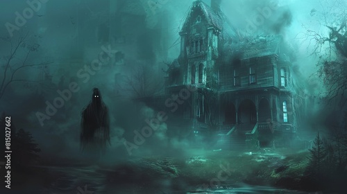 A creepy house with a ghost standing in front of it