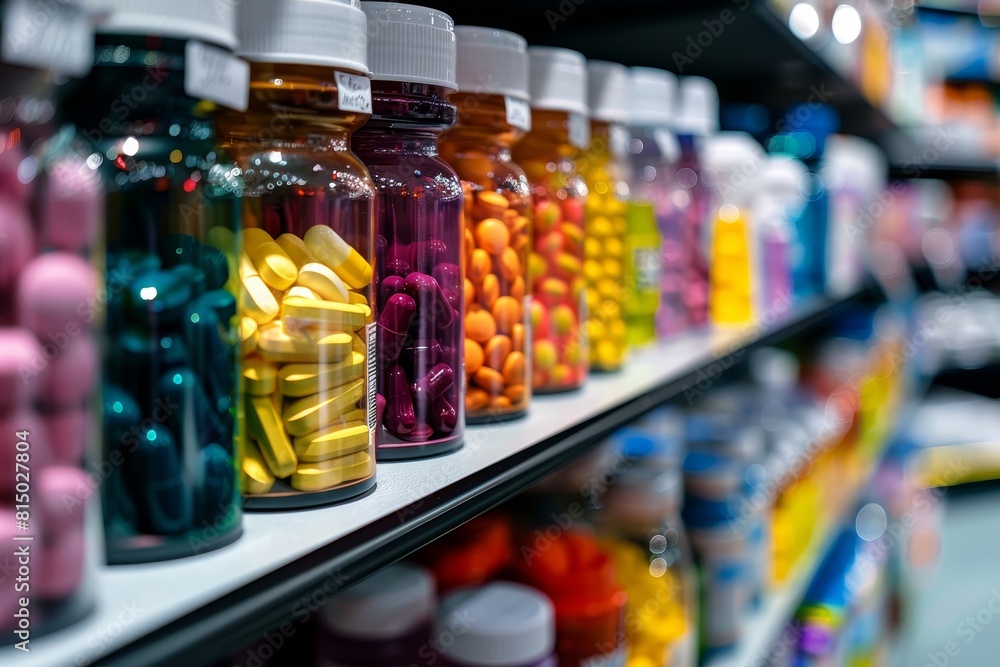 A close-up of a pharmacy shelf with a variety of colorful bottles of pills and capsules.