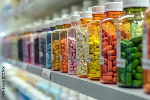 A close-up of a pharmacy shelf, filled with colorful bottles of pills, capsules, and vitamins.