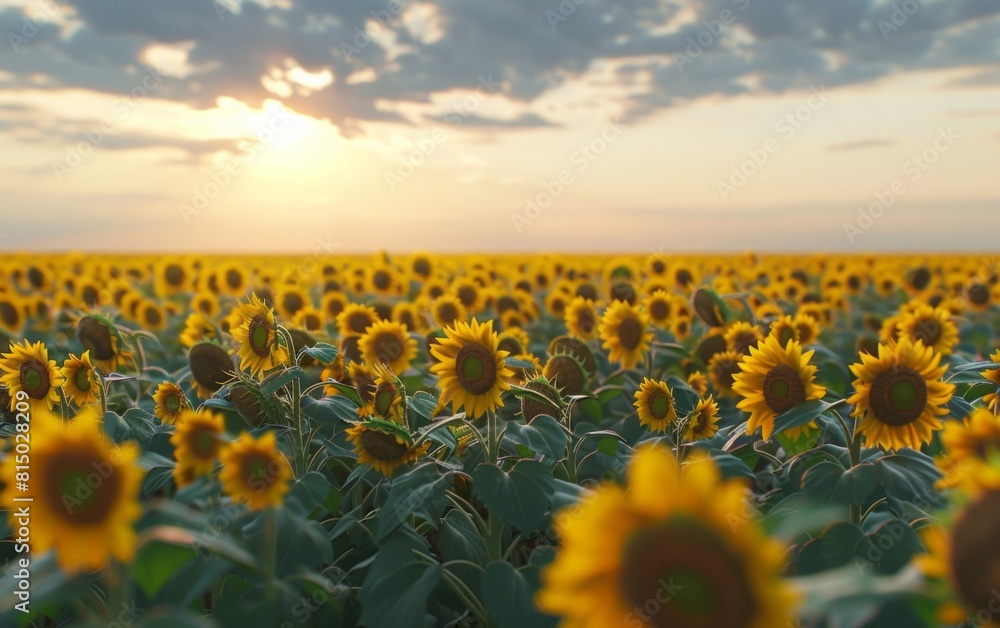 Vast sunflower field under a radiant sunrise with cloudy skies.