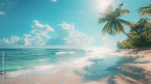 Tropical beach with palm trees, white sand, blue ocean, and bright sun.
