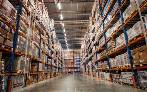 Vast warehouse with tall racks filled with pallets of packaged goods. © OLGA