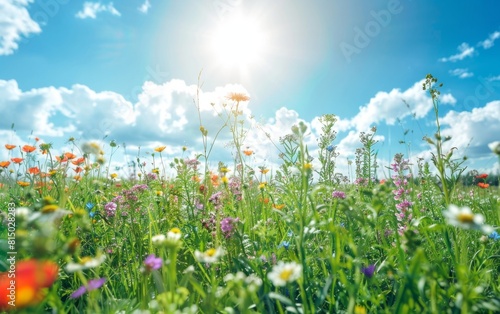 Verdant meadow blooming with colorful wildflowers under a bright sunny sky.