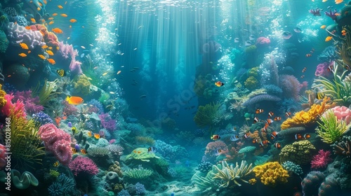 Sunlit coral reef teeming with marine life in a mesmerizing underwater paradise 
