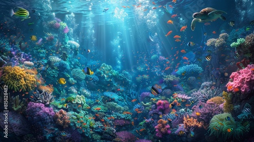 A vibrant coral reef teeming with life  featuring colorful fish and a sea turtle  illuminated by sunbeams.
