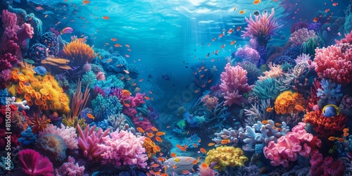 A vibrant underwater scene with colorful coral reefs and tropical fish.