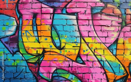 Vibrant  multicolored graffiti painted on a textured brick wall.