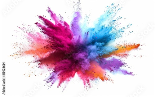 Vibrant multicolored powder explosion on white background.