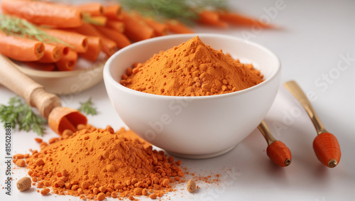 dried carrot powder in a bowl on a white background