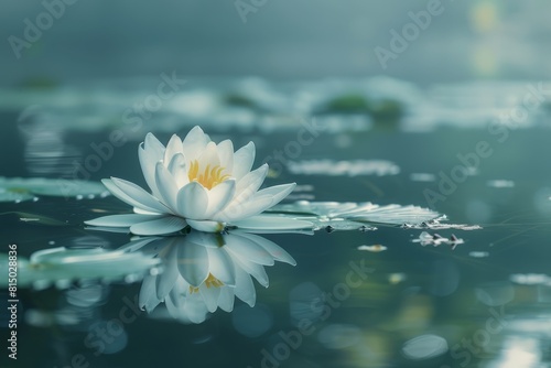 Single white water lily with reflection in calm pond water